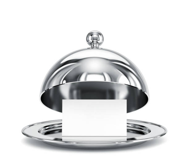 istock Open restaurant cloche with blank paper template isolated on white 1180940544