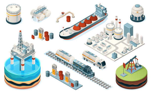 laboratory + iot-home + smart-city-transport + Oil-industry Set of isolated oil industry equipment. Isometric icons for fuel, gasoline and petrol production. Plant and pipe, sea platform and tanker, train and truck, pump, gas station, tank. Industrial factory construction platform illustrations stock illustrations