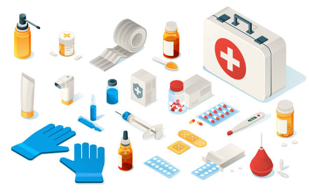 Medical equipment + First Aid Kit + laboratory glassware Set of isolated first aid kid tools or items of medical emergency box. Isometric icon for doctor, hospital and clinic. Enema, thermometer, drug, pills, plaster, bandage, gloves, syringe, Healthcare first aid stock illustrations