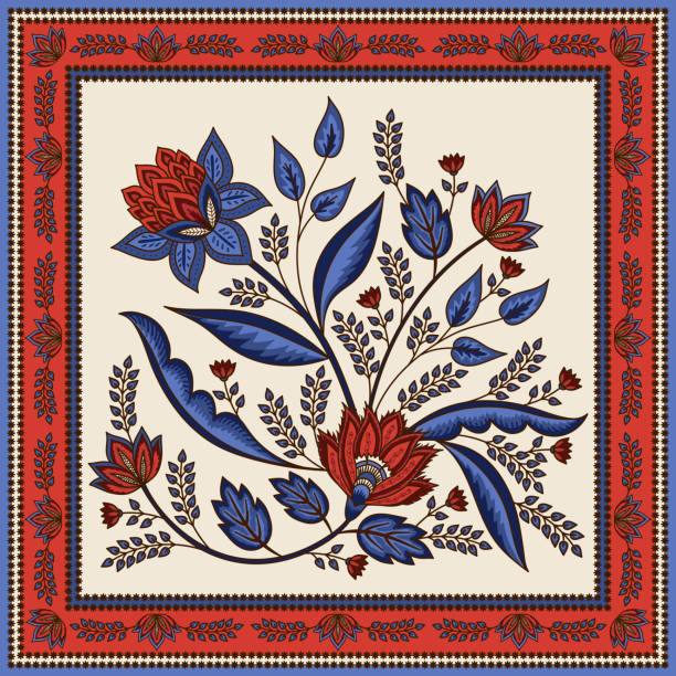 인도 꽃 페이즐리 패턴 벡터입니다. �실크 스카프 원단을 모티브로 한 빈티지 트로피컬 플라워. 민족 장식 인쇄. 다마스크 디자인 - textile blue leaf paisley stock illustrations
