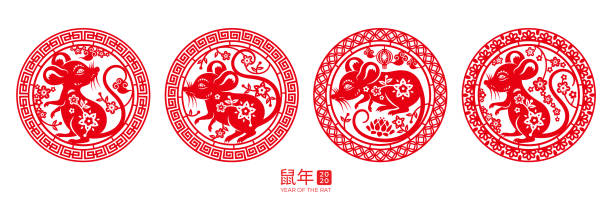 Signs with rat for happy 2020 chinese new year. Set of isolated round signs with rat for happy 2020 chinese new year. Mouse in circle for china zodiac holiday or CNY. Papercut insignia for lunar calendar. Decoration or ornament with calligraphy wish yuan stock illustrations