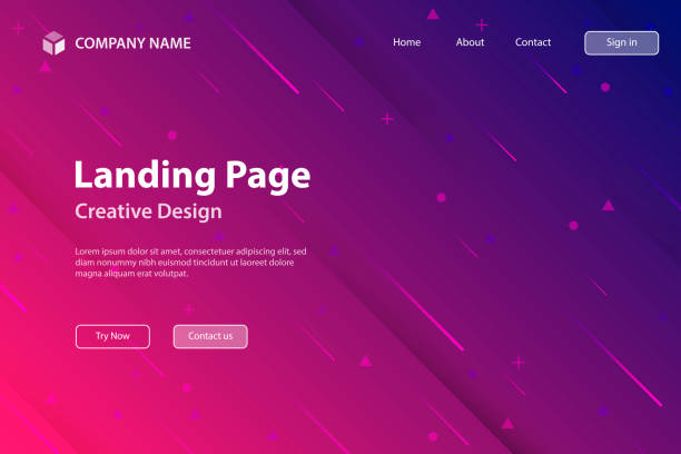 Landing page Template - Abstract design with geometric shapes - Trendy Pink Gradient Landing page template for your website with a futuristic background, looking like a meteor shower. Modern and trendy abstract background with geometric shapes. This illustration can be used for your design, with space for your text (colors used: Red, Pink, Purple, Blue). Vector Illustration (EPS10, well layered and grouped), wide format (3:2). Easy to edit, manipulate, resize or colorize. neon lighting illustrations stock illustrations