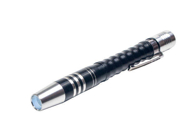 istock LED metal tactical flashlight isolated on white background 1180949169