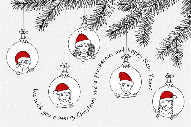 ilustrações de stock, clip art, desenhos animados e ícones de hand drawn children's faces with santa hats as xmas decoration - trees hanging