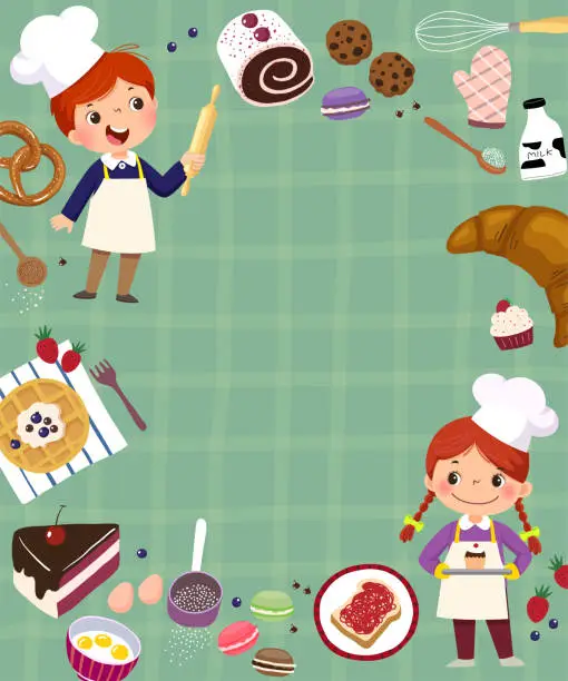 Vector illustration of Template for advertising background in baking concept with two kid bakers.