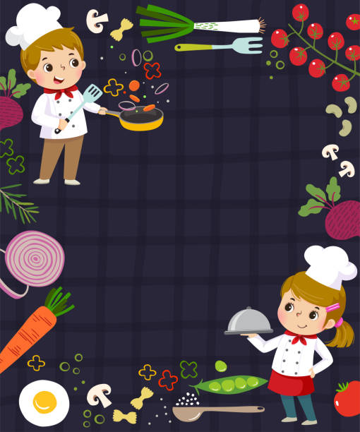 Template for advertising background in cooking concept with two kid chefs. Template for advertising background in cooking concept with two kid chefs. chef borders stock illustrations