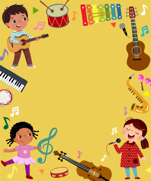 Template for advertising background in music concept with three kid musicians. Template for advertising background in music concept with three kid musicians. music class stock illustrations