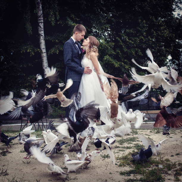 istock Two lovers in the park among flying pigeons. 1180952850