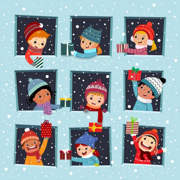 Vector illustration of Vector illustration cartoon of happy kids at the window giving a Christmas gift to their friend in winter season.