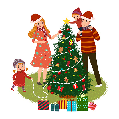 Ilustración de Dibujos Animados De Ilustración Vectorial De La Familia  Feliz Decorando Un Árbol De Navidad El Concepto De Navidad Y Año Nuevo y  más Vectores Libres de Derechos de Niño -