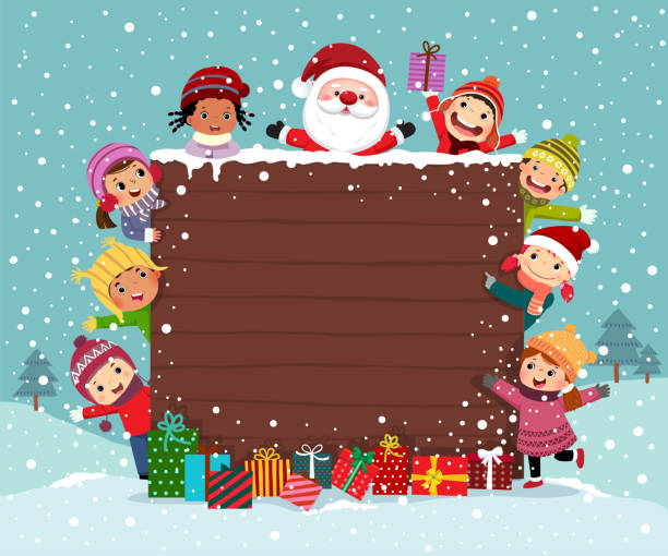 Merry Christmas Backgroud wooden board with group of kids and Santa Claus in snow day. vector art illustration