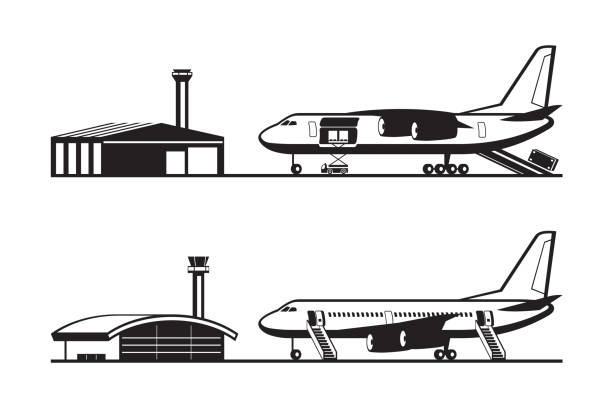 Passenger and cargo airplane at airport Passenger and cargo airplane at airport - vector illustration airplane silhouette commercial airplane shipping stock illustrations