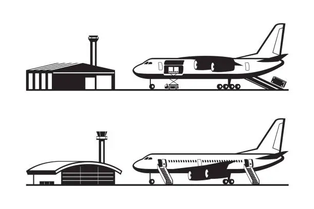 Vector illustration of Passenger and cargo airplane at airport