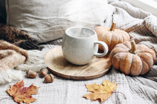 居心地の良い秋の朝の朝食静物シーン。熱いコーヒーの蒸しカップ、窓の近くの木製のプレートの上に立つお茶。秋、感謝祭のコンセプト。オレンジカボチャ、ドングリとカエデの葉、ウー�