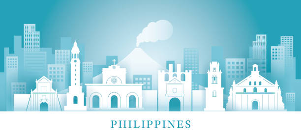 филиппины скайлайн ориентиры в стиле резки бумаги - manila cathedral stock illustrations