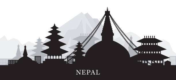 illustrazioni stock, clip art, cartoni animati e icone di tendenza di nepal skyline landmarks silhouette sfondo - kathmandu