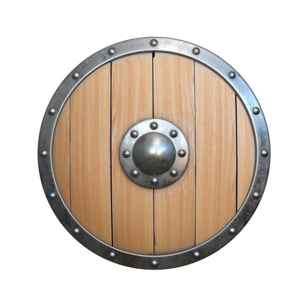 istock Wooden medieval shield, viking round shield isolated on white background 1180955839