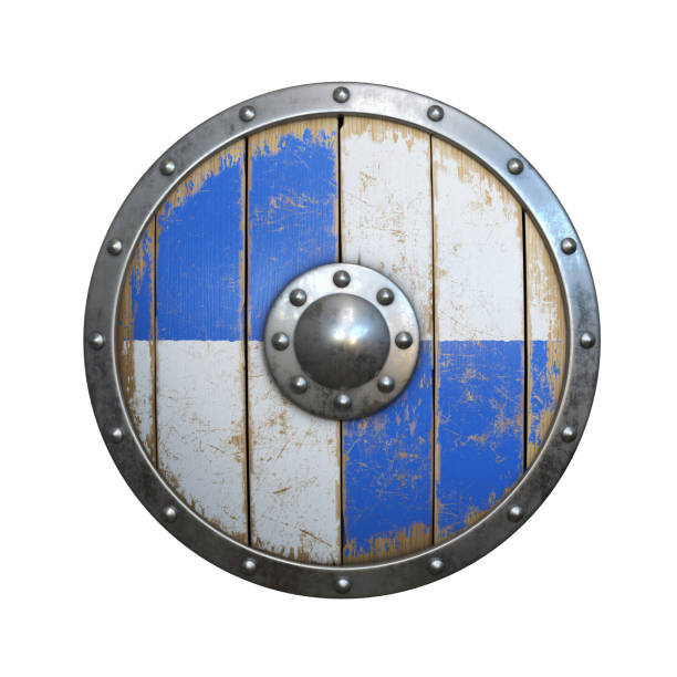 istock Wooden medieval round shield, viking shield painted white and blue 1180955867