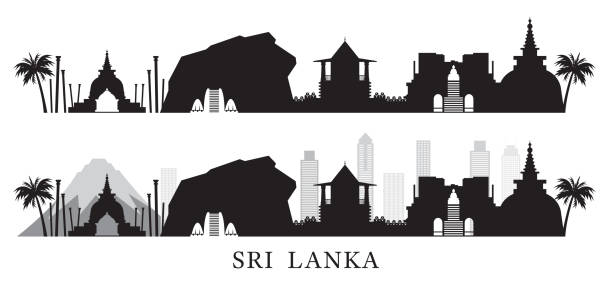 Sri Lanka Skyline Landmarks Black and White Silhouette Background Famous Place and Historical Buildings, Travel and Tourist Attraction anuradhapura stock illustrations