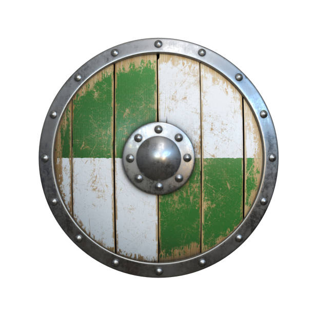 istock Wooden medieval round shield, viking shield painted green and white 1180955999