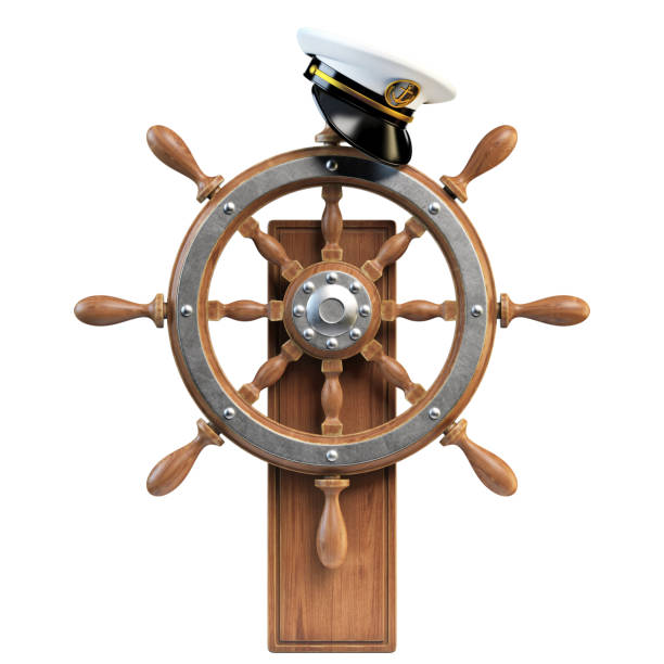 Captain hat on ship wheel isolated on white background 3d rendering illustration