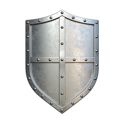 Escudo medieval de acero, escudo metálico, aislado sobre fondo blanco, renderizado 3D photo