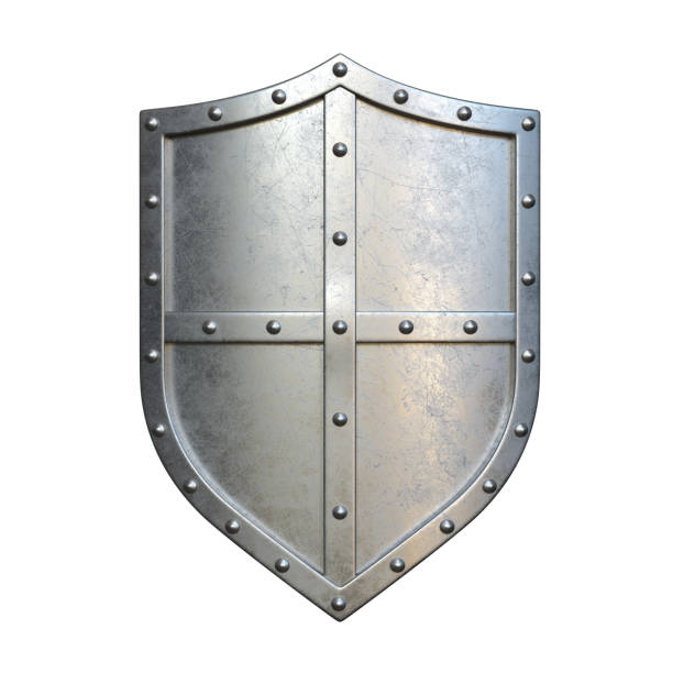 escudo medieval de acero, escudo metálico, aislado sobre fondo blanco, renderizado 3d - protegerse con las manos fotografías e imágenes de stock