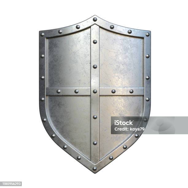 Steel Medieval Shield Metallic Shield Isolated On White Background 3d Rendering Stock Photo - Download Image Now