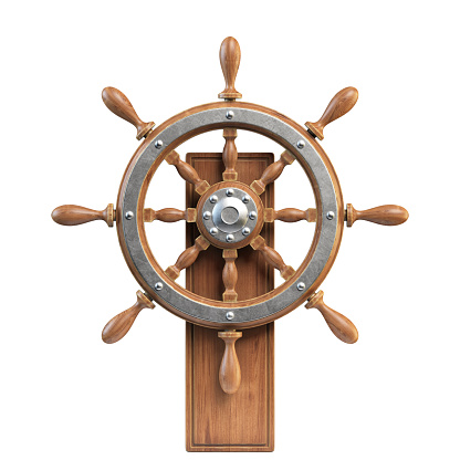 Ship wheel with stand isolated on white background 3d rendering illustration