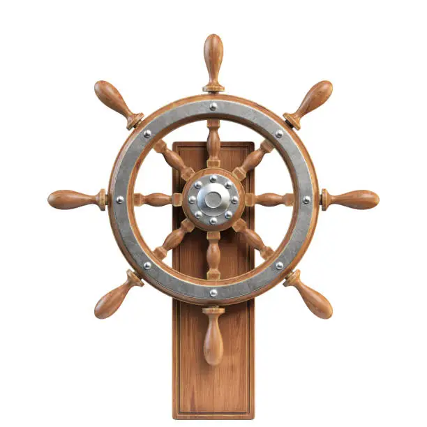 Ship wheel with stand isolated on white background 3d rendering illustration