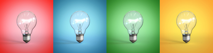 Light bulb on red blue green and yellow background 3d rendering illustration