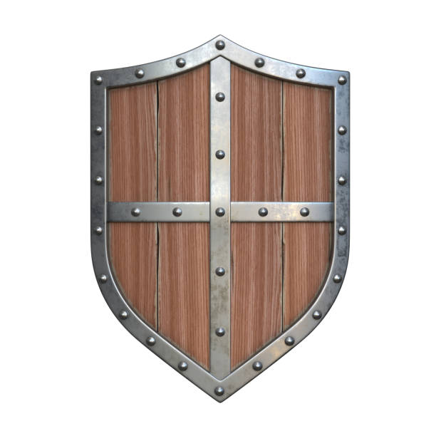 istock Wooden medieval shield, viking shield isolated on white background 1180956749