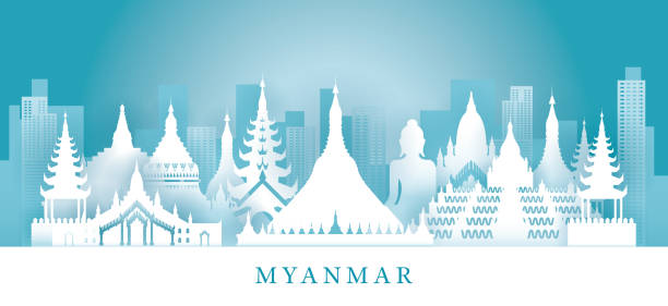 종이 절단 스타일의 미얀마 스카이 라인 랜드 마크 - shwedagon pagoda yangon myanmar temple stock illustrations