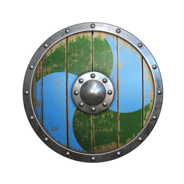 istock Wooden medieval round shield, viking shield painted green and blue 1180957607