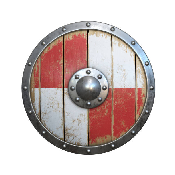 istock Wooden medieval round shield, viking shield painted red and white 1180957684