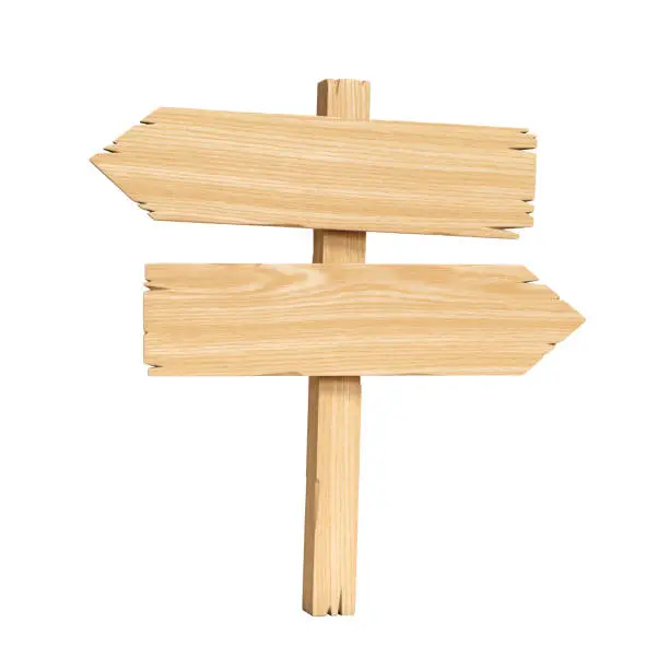Signpost, signboard, guidepost, wooden road sign on crossroads 3d rendering isolated illustration