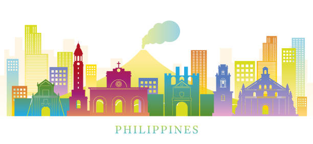 филиппины скайлайн ориентиры кра�сочный силуэт фон - manila cathedral stock illustrations
