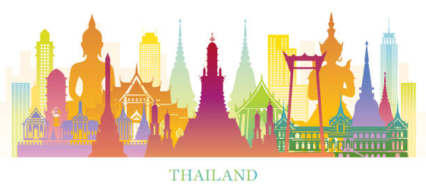 タイスカイラインランドマークカラフルなシルエットの背景 - asia thailand vacations wat phra kaeo点のイラスト素材／クリップアート素材／マンガ素材／アイコン素材