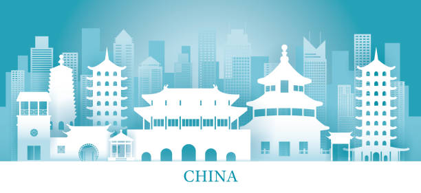 China Skyline Landmarks in Paper Cutting Style Famous Place and Historical Buildings, Travel and Tourist Attraction forbidden city stock illustrations