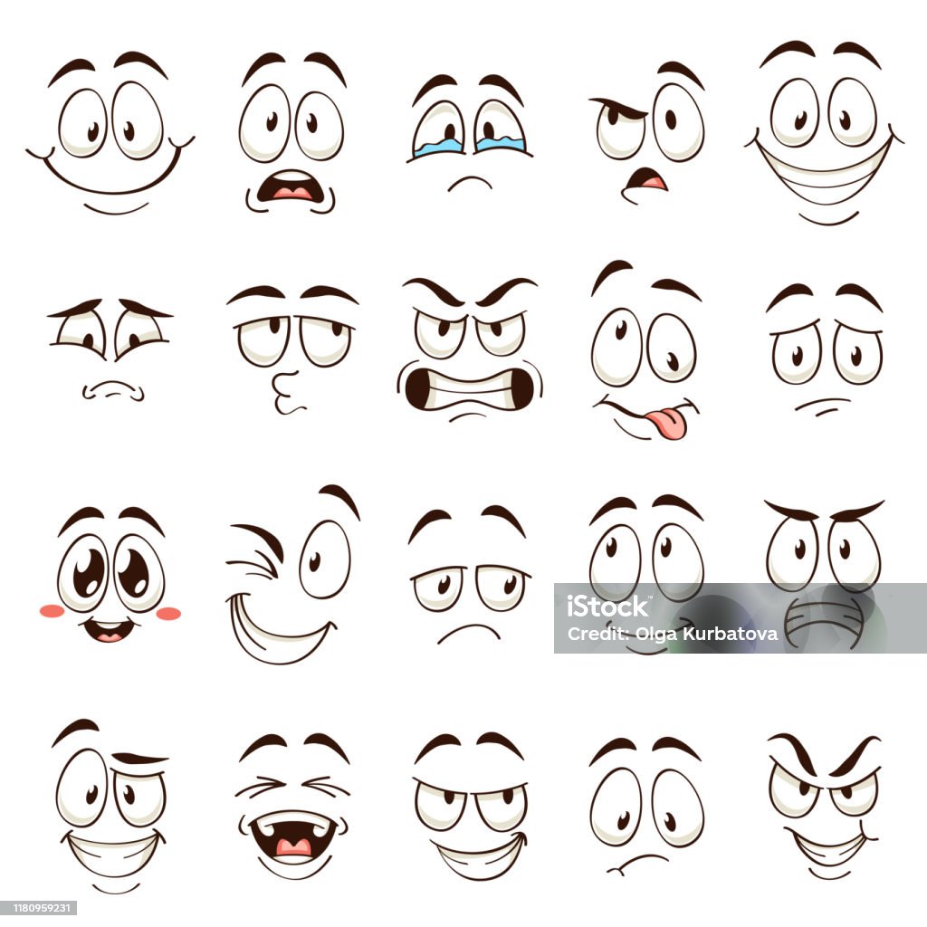 Ilustración de Caras De Dibujos Animados Emociones Cómicas De Caricatura  Con Diferentes Expresiones Ojos Y Boca Expresivos Divertidos Personajes  Vectoriales Planos Establecidos y más Vectores Libres de Derechos de Ojo -  iStock