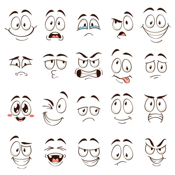 мультяшные лица. карикатурные комические эмоции с разными выражениями. выразительные глаза и рот, смешные плоские векторные символы набор - глаз stock illustrations