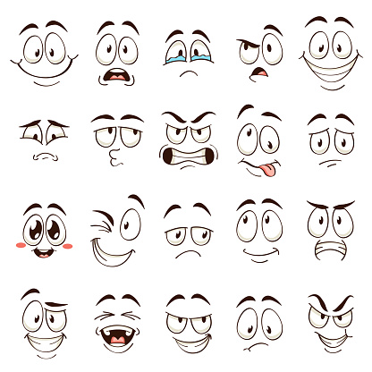 Cartoon faces. Caricature comic emotions with different expressions. Expressive eyes and mouth, funny flat vector characters angry and confused emoticons set