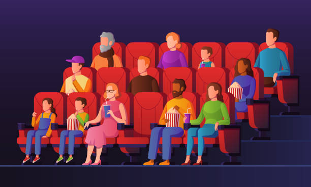 People in movie hall. Kids and adults watch cinema sitting on red chairs with popcorn in movie theater. Entertainment vector concept People in movie hall. Kids and adults watch cinema sitting on red chairs with popcorn in movie theater. Entertainment vector watching crowd concept audience illustrations stock illustrations