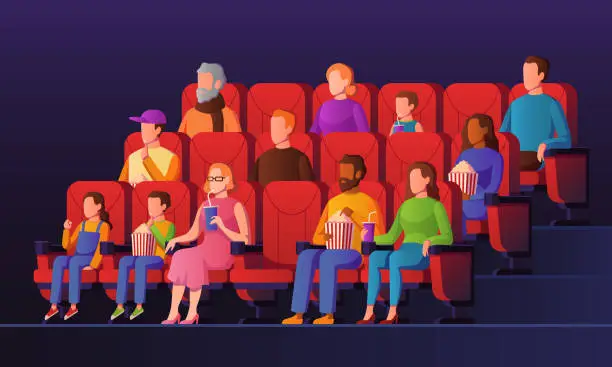 Vector illustration of People in movie hall. Kids and adults watch cinema sitting on red chairs with popcorn in movie theater. Entertainment vector concept