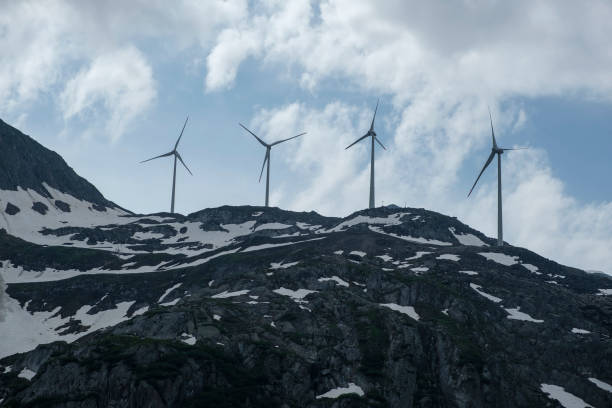 Wind turbines on an alpine pass in southern Switzerland stock photo