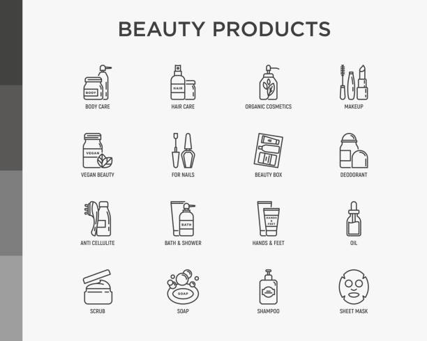 ilustrações, clipart, desenhos animados e ícones de produtos de beleza ícones finos da linha ajustados: cuidado de pele, creme, gel, cosméticos orgânicos, compo, distribuidor do sabão, cuidado do prego, caixa da beleza, desodorizante, óleo da cara, esfregue, champô, máscara da folha. ilustração mod - esmalte cosmético