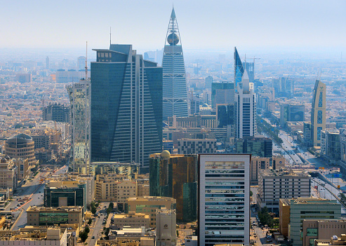 Riyadh, Saudi Arabia: view over the business district along King Fahd Road, with Olaya Street on the left - skyline with skyscrapers, Olaya Towers, Al Faisaliah tower, Marriot, Hamad Tower...