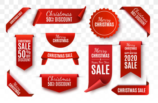 Christmas Sale Tags. Vector banner Christmas Sale Tags collection. Red scrolls and banners isolated. Merry Christmas and Happy New Year labels. Vector Price Tags illustration web banner stock illustrations