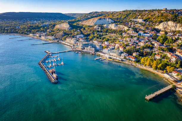 Coastal city Scenic aerial view from drone of coast Balchik city in the Black sea, Bulgaria bulgaria stock pictures, royalty-free photos & images