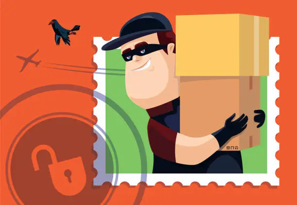 Vector illustration of thief holding stack of cartons with unlocked sign